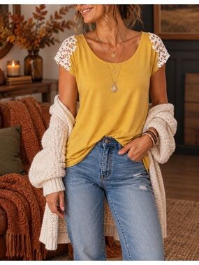 Grace & Emma Yellow Crochet Lace Cap Sleeved Top XL Boho